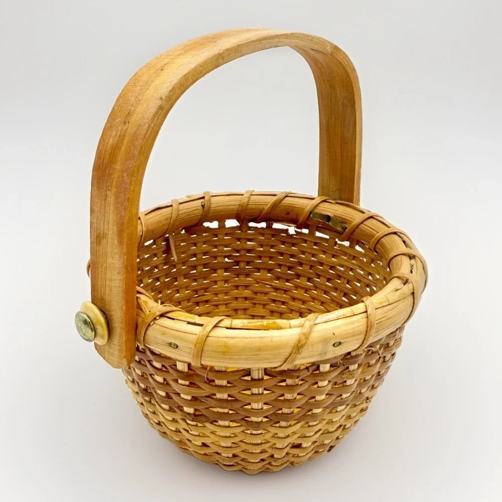 Vintage Nantucket Style Mini Basket Woven Rattan Bentwood Handle 4.5